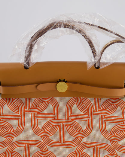 Hermès Herbag Zip Retourne 31 Chaine D'Ancre Bag in Orange Mécano & Ecru Quadrille Toille Canvas, Natural Hunter Leather with Gold Hardware