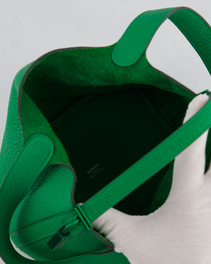Hermès Picotin Lock 18cm in Bamboo Clemence Leather with Metallic Green Hardware
