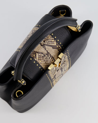 Louis Vuitton Capucines MM Bag in Black Leather and Beige Python Leather with Gold Hardware