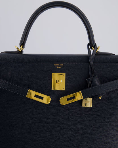 Hermès Vintage Kelly Sellier 35cm Bag in Blue Indigo Courchevel Leather with Gold Hardware