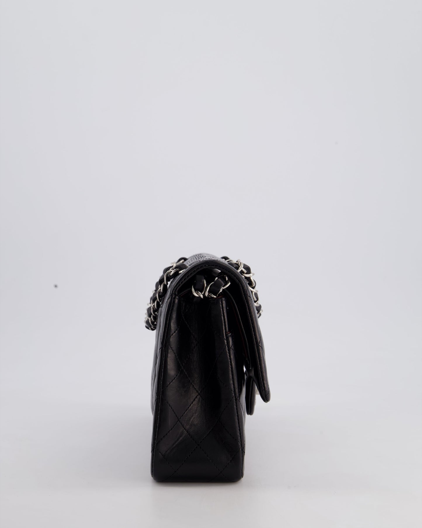 Chanel Black Medium Classic Double Flap Bag in Lambskin Leather with Silver Hardware