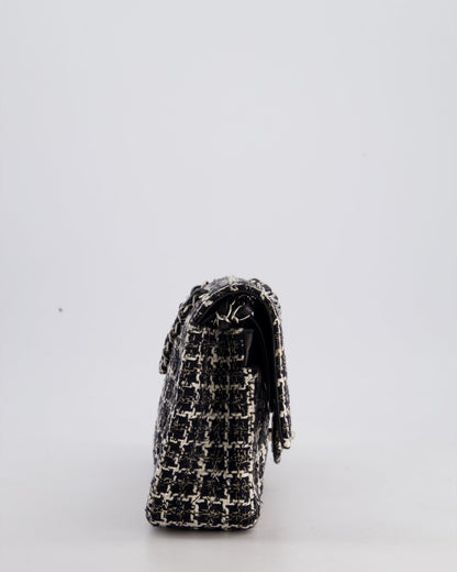 Chanel Medium Classic Double Flap Bag in Black and White Tweed with Silver Hardware