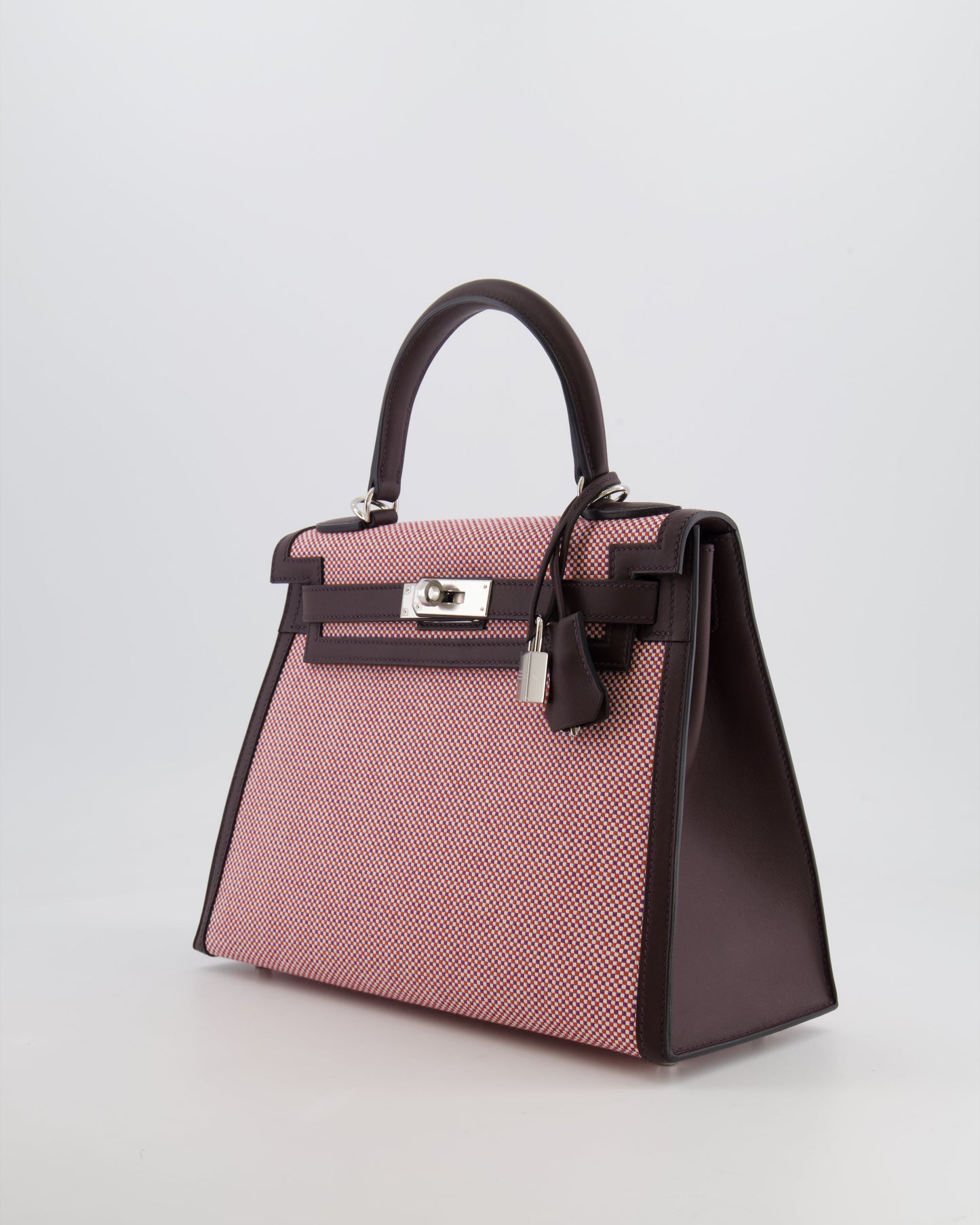 Hermès Kelly Sellier Bag 28cm in Ecru & Red Toile Quadrille with Rouge Sellier Swift Leather and Palladium Hardware