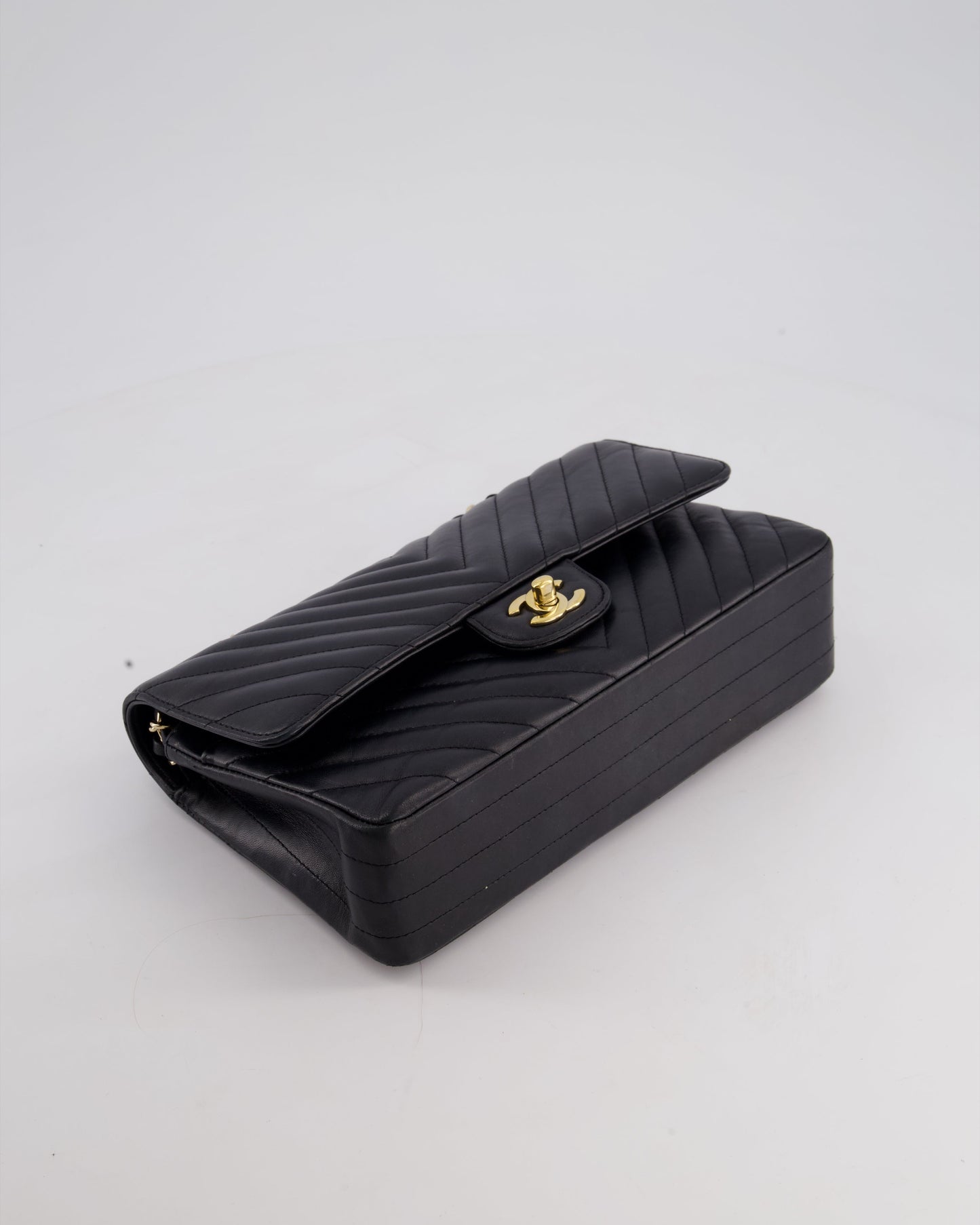 Chanel Black Chevron Medium Classic Double Flap Bag in Lambskin Leather with Gold Hardware