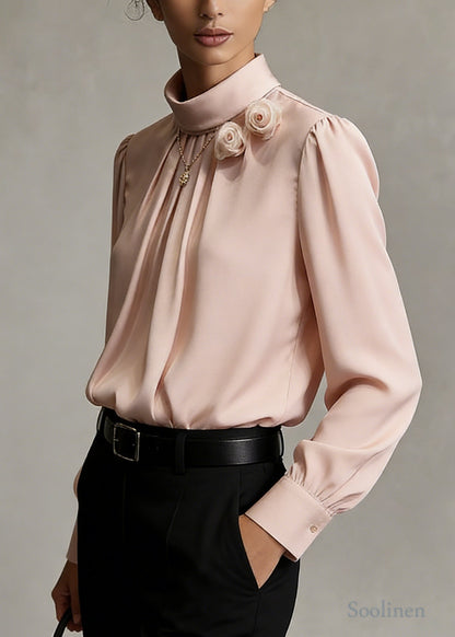 Pink Floral Decorated Chiffon Shirts Stand Collar Wrinkled Spring