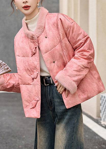 Pink Fur Patchwork Vintage Duck Down Puffer Jacket Winter
