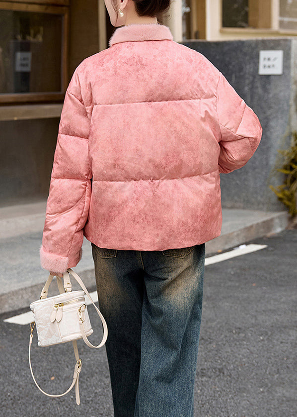 Pink Fur Patchwork Vintage Duck Down Puffer Jacket Winter
