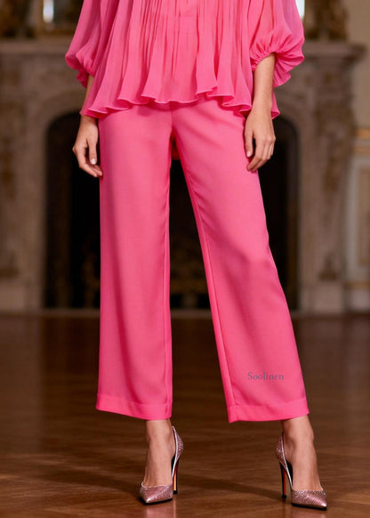 Pink High Waist Tops And Crop Pants Two-Piece Set Ruffled Bracelet Sleeve