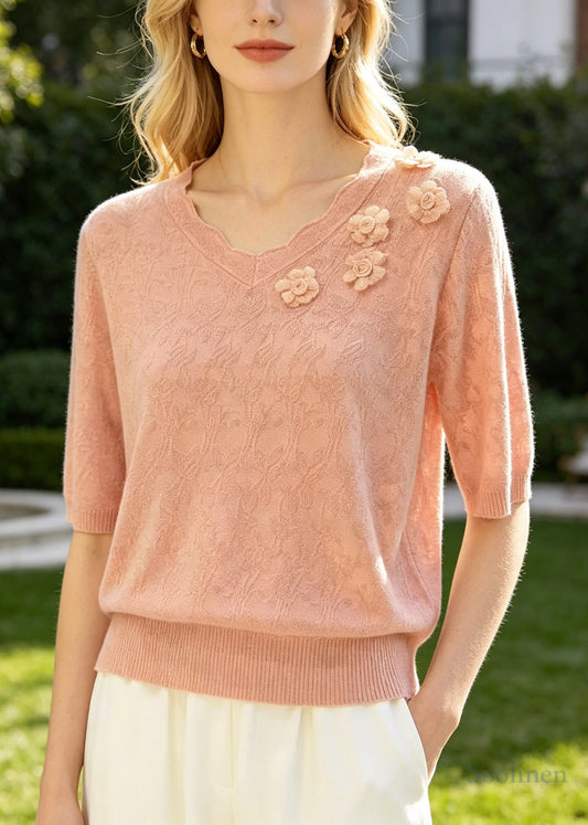 Pink Jacquard Knit Shirt Top Stereoscopic Floral Summer