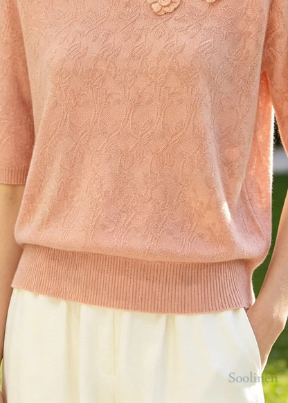 Pink Jacquard Knit Shirt Top Stereoscopic Floral Summer