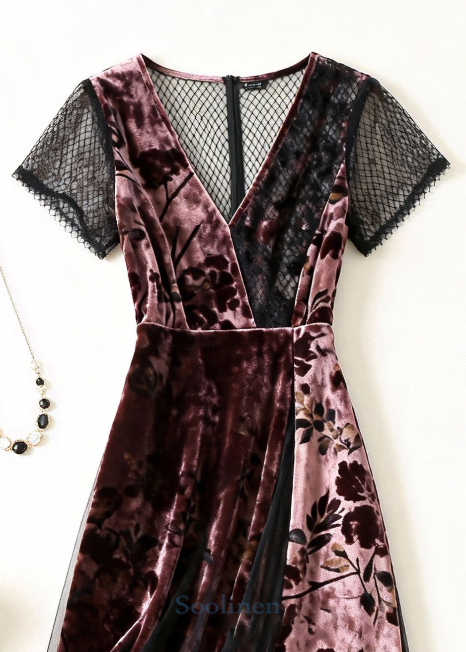 Pink Print Tulle Patchwork Silk Velvet Dress V Neck Summer