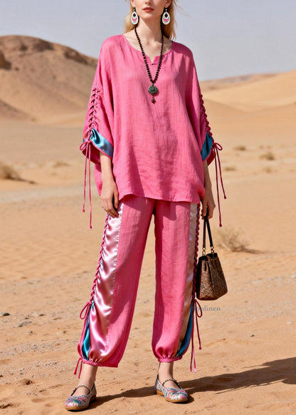Pink Shirts And Crop Pants Silk Patchwork Two Piece Set Cinched Summer