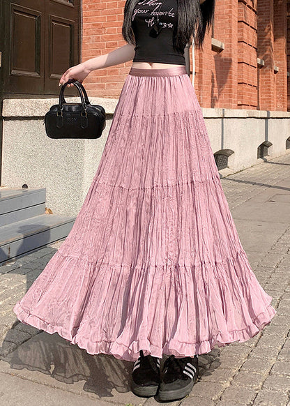 Pink Solid Tulle Pleated Skirt Elastic Waist