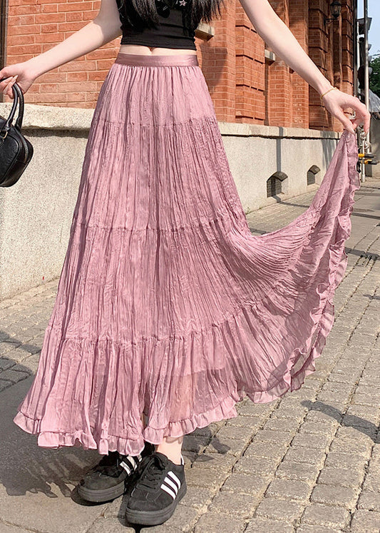 Pink Solid Tulle Pleated Skirt Elastic Waist