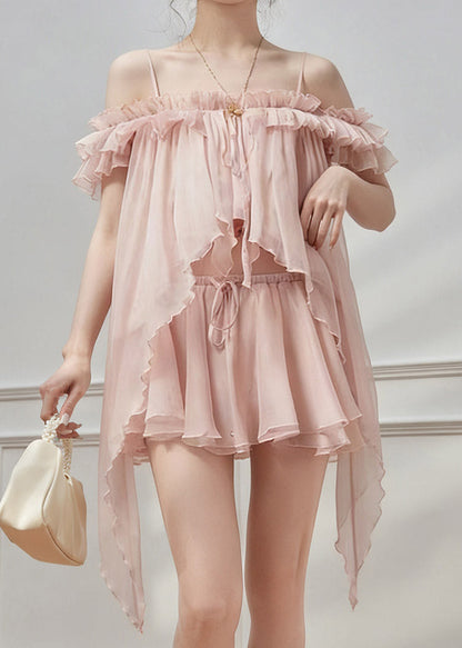 Pink Tie Lace Chiffon Top And Skirts Two Pieces Set Ruffled Summer