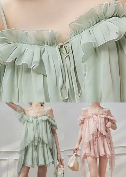 Pink Tie Lace Chiffon Top And Skirts Two Pieces Set Ruffled Summer