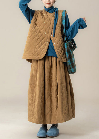 Plaid Khaki Button Cotton Filled Waistcoat And Skirts Three Pieces Set Winter