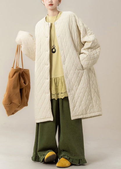 Plus Size Apricot O Neck Plaid Pockets Cotton Filled Parka Winter