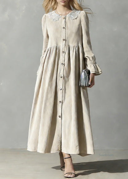 Plus Size Apricot Peter Pan Collar Button Corduroy Blouses Dresses Spring