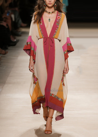 Plus Size Apricot Tie Waist Print Cotton Robe Dresses Summer