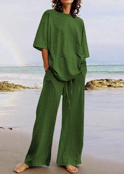 Plus Size Army Green Patchwork T Shirts And Wide Leg Pants Two Piece Set Short Sleeve