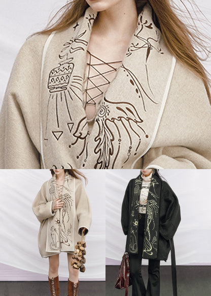 Plus Size Beige Embroidered Tie Waist Woolen Coats Winter