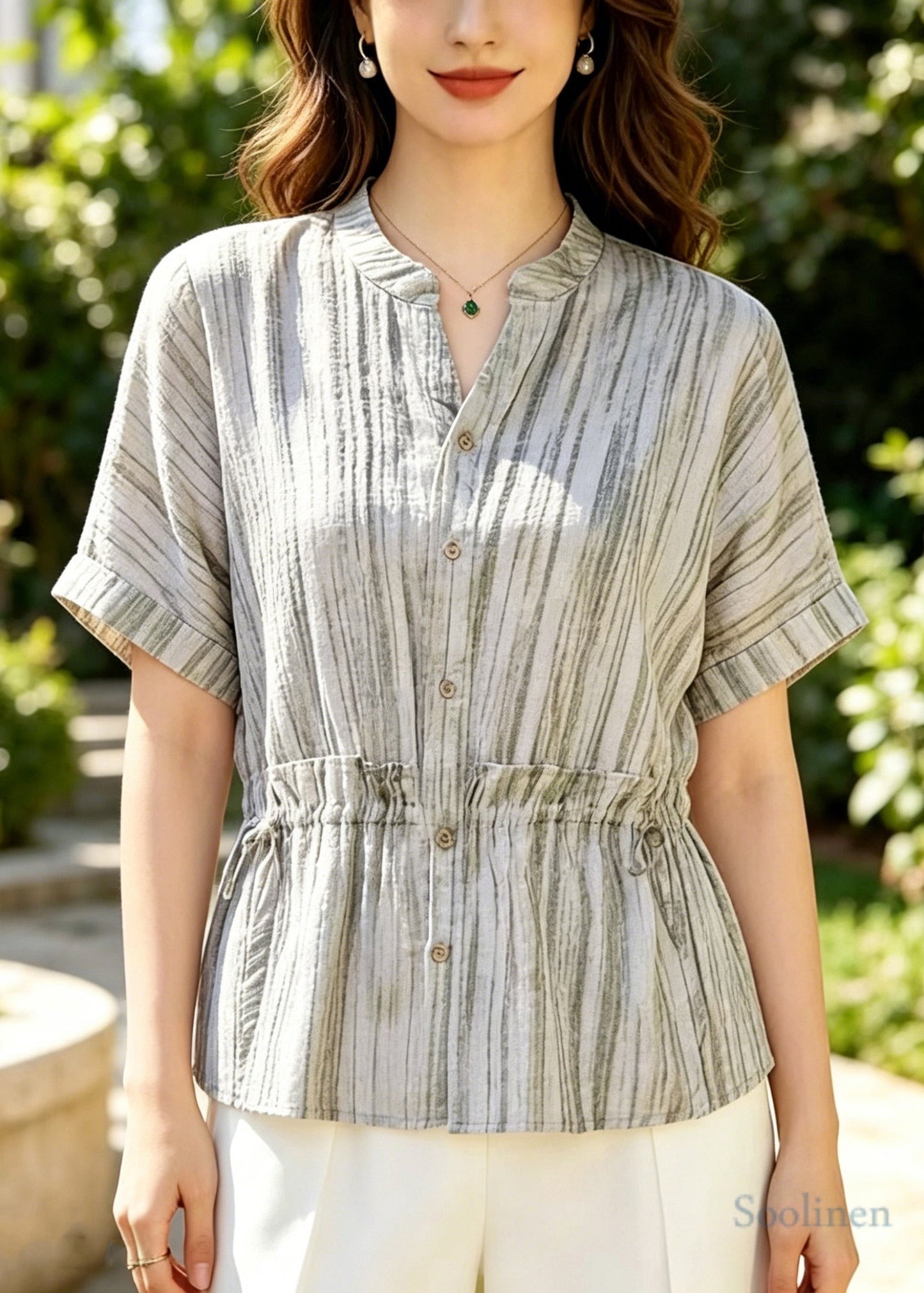 Plus Size Beige Ruffled Striped Cotton Blouse Tops Summer