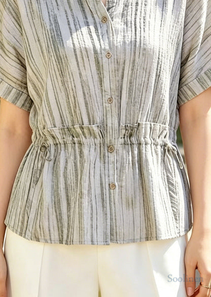 Plus Size Beige Ruffled Striped Cotton Blouse Tops Summer