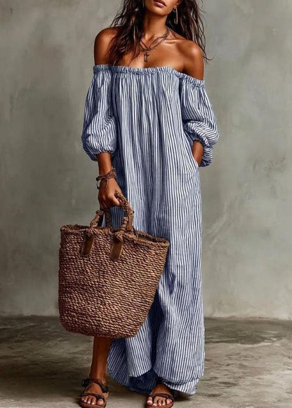 Plus Size Beige Slash Neck Striped Cotton Ankle Dress Summer