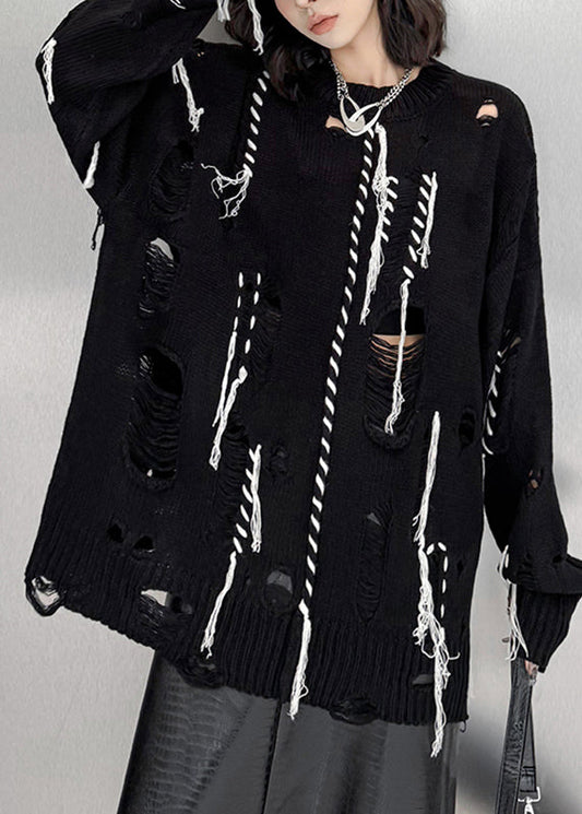 Plus Size Black O-Neck Hole Cozy Cotton Knit Sweater Tops Fall