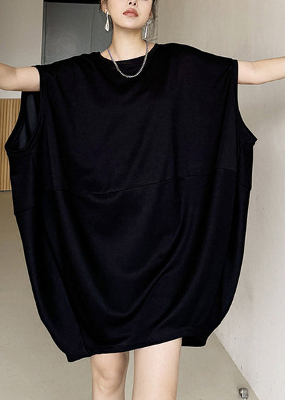 Plus Size Black O Neck Patchwork Cotton Dresses Sleeveless