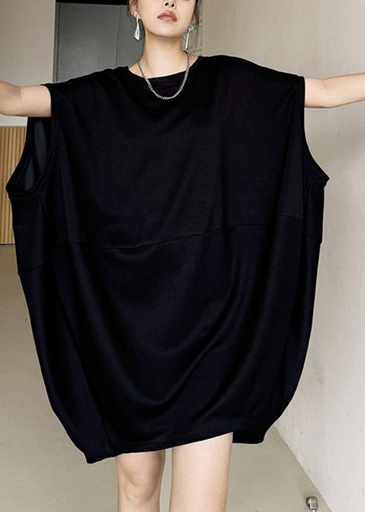 Plus Size Black O Neck Patchwork Cotton Dresses Sleeveless