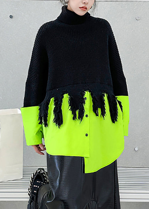 Plus Size Black Turtleneck Asymmetrical Patchwork Knit Sweater Winter