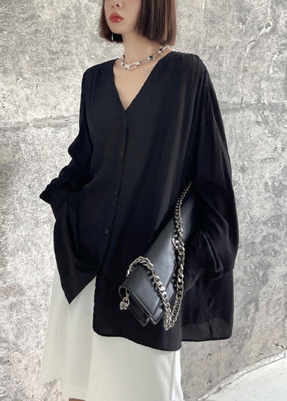 Plus Size Black V Neck Button Patchwork Cotton Blouse Tops