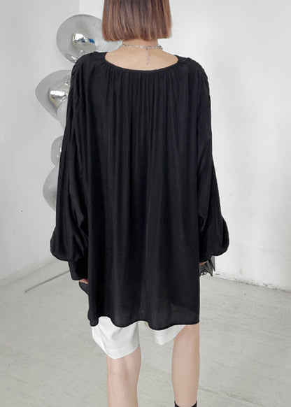 Plus Size Black V Neck Button Patchwork Cotton Blouse Tops