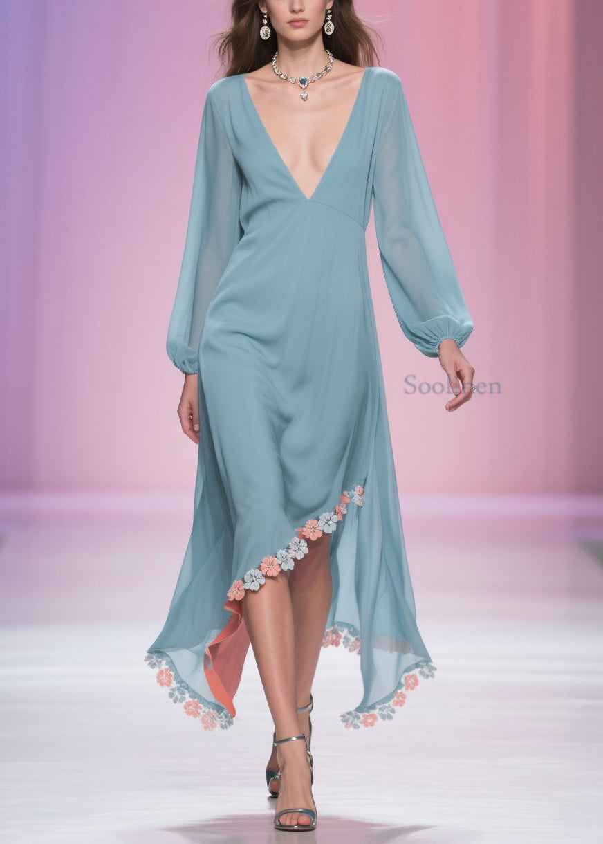 Plus Size Blue Asymmetrical Floral Chiffon Long Dress Spring