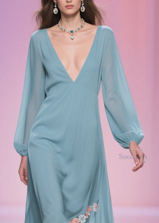 Plus Size Blue Asymmetrical Floral Chiffon Long Dress Spring