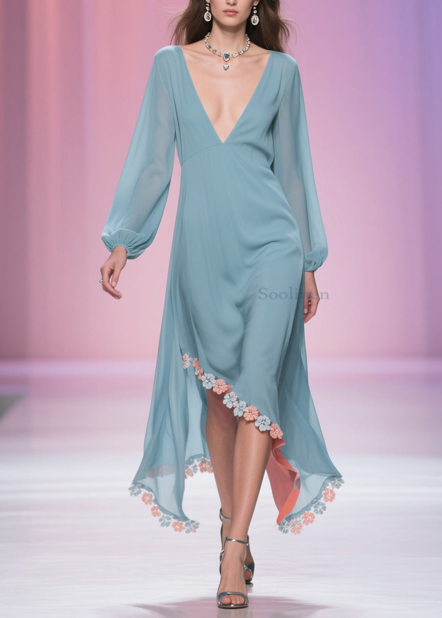 Plus Size Blue Asymmetrical Floral Chiffon Long Dress Spring