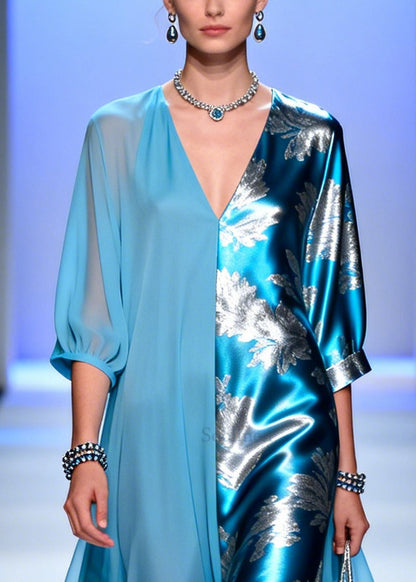Plus Size Blue Asymmetrical Patchwork Chiffon Party Dress Summer