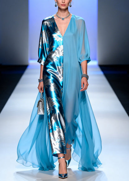 Plus Size Blue Asymmetrical Patchwork Chiffon Party Dress Summer