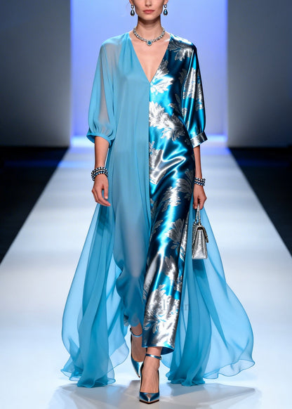 Plus Size Blue Asymmetrical Patchwork Chiffon Party Dress Summer