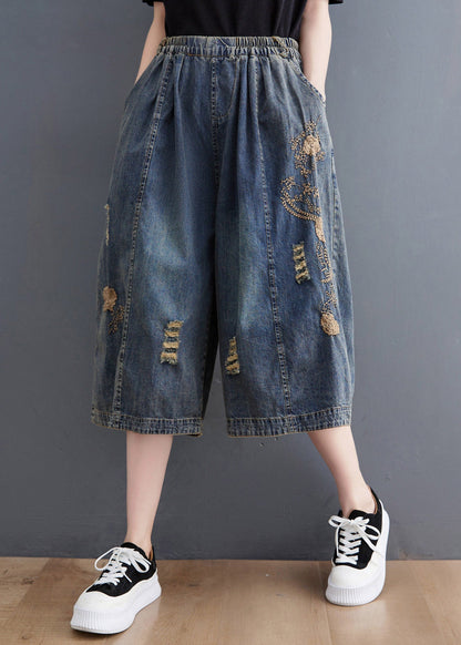 Plus Size Blue Embroidered Hole Crop Jeans