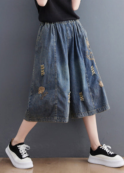 Plus Size Blue Embroidered Hole Crop Jeans