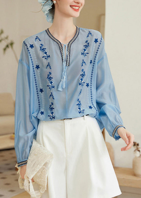 Plus Size Blue Embroidered Lace Up Chiffon Shirt Tops Long Sleeve