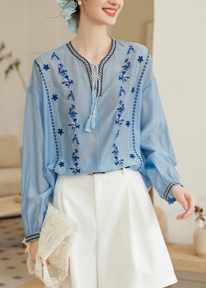 Plus Size Blue Embroidered Lace Up Chiffon Shirt Tops Long Sleeve