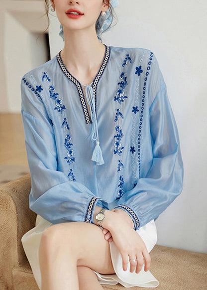 Plus Size Blue Embroidered Lace Up Chiffon Shirt Tops Long Sleeve