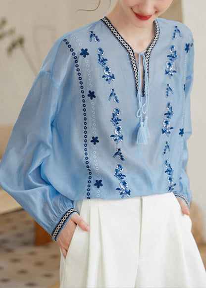 Plus Size Blue Embroidered Lace Up Chiffon Shirt Tops Long Sleeve
