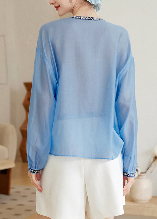 Plus Size Blue Embroidered Lace Up Chiffon Shirt Tops Long Sleeve