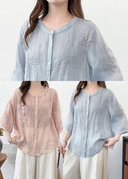 Plus Size Blue O-Neck Embroidered Linen Shirts Summer
