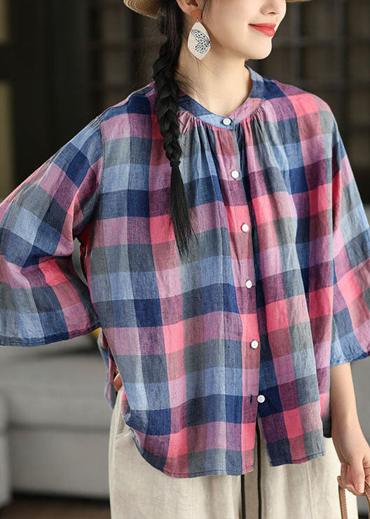 Plus Size Blue O Neck Plaid Linen Top Flare Sleeve